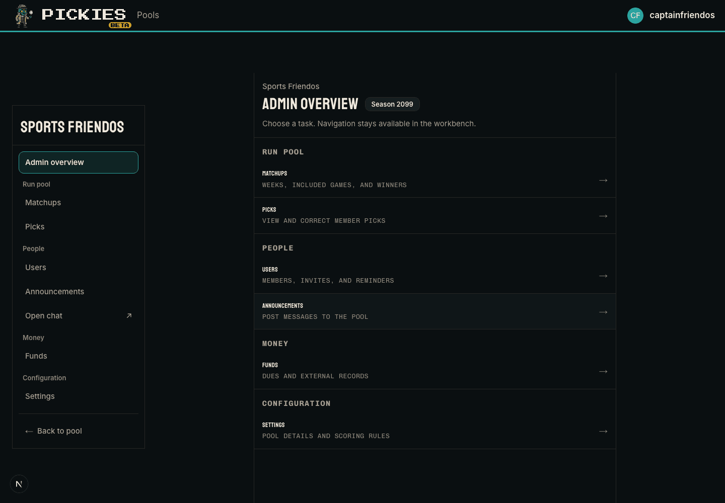 Sports Friendos commissioner admin overview